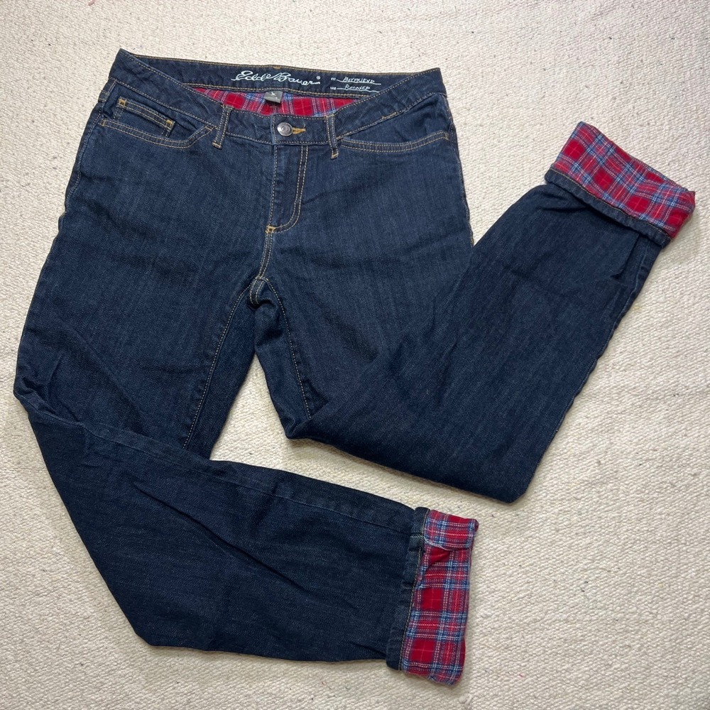 Eddie Bauer Flannel Lined Boyfriend Jeans Dark Wash Plaid Size 2 Relaxed Leg